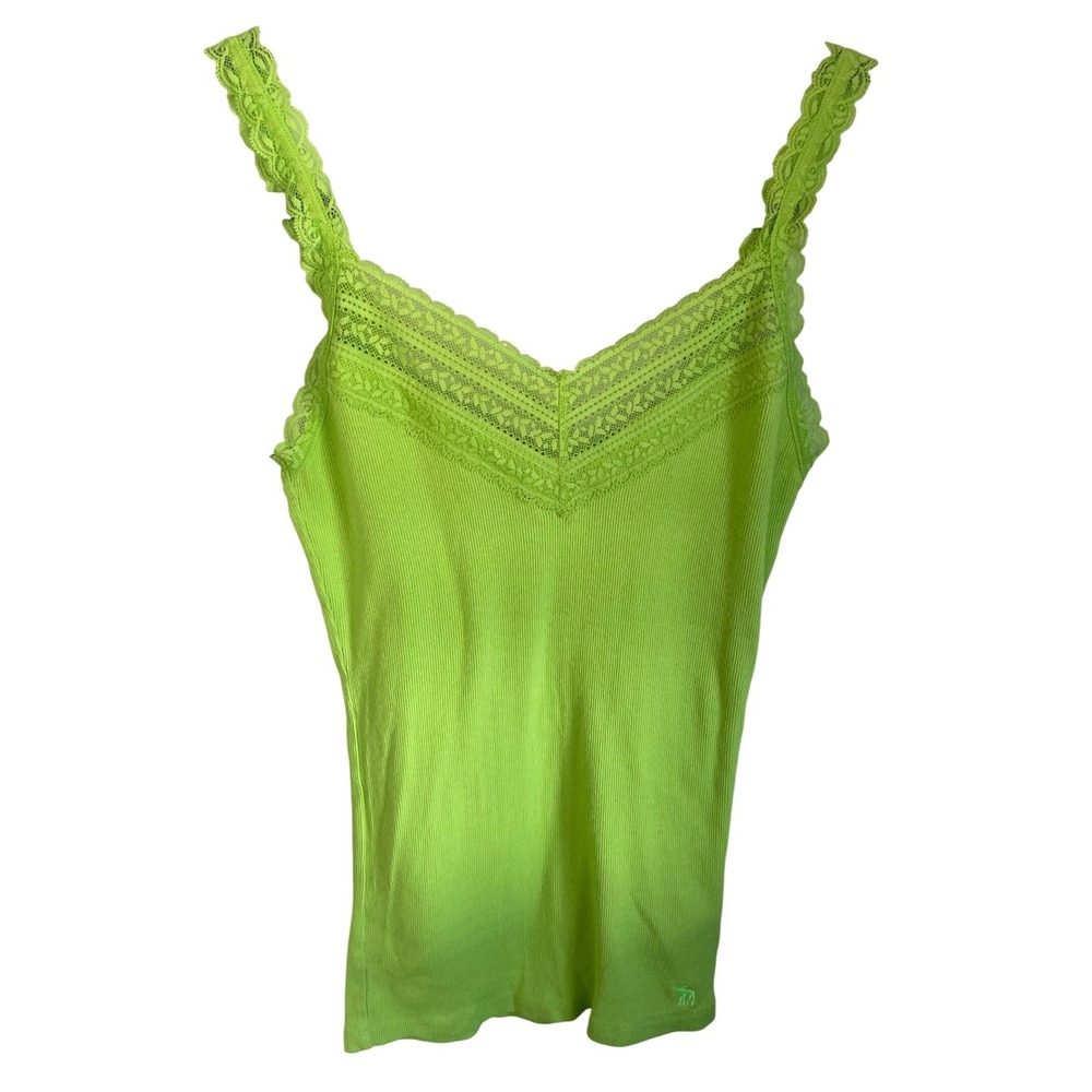 Vintage Abercrombie & Fitch Y2K Ribbed Lace Cami Tank Top Lime Green Size Small